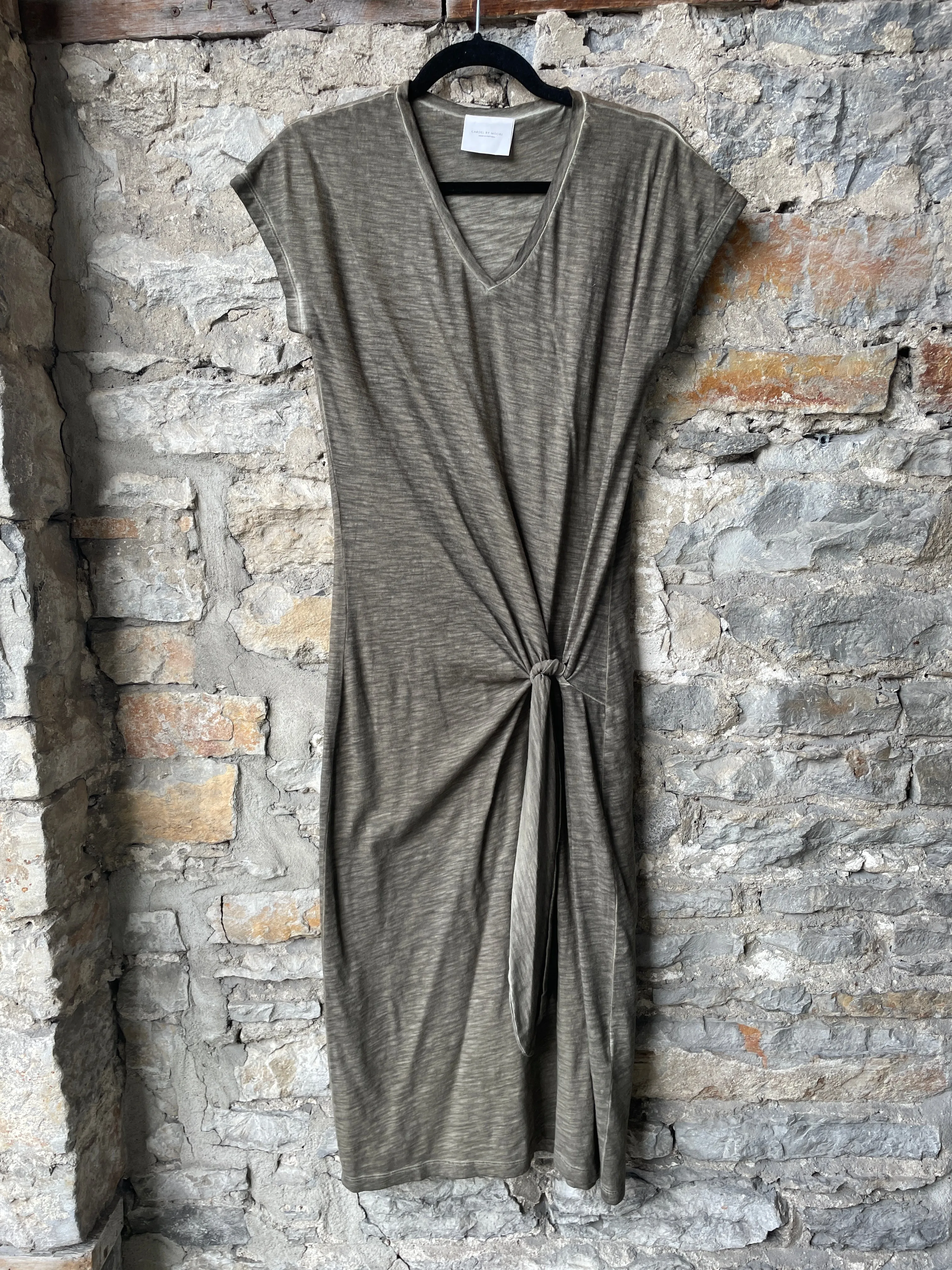 100% Cotton T shirt midi dress with wrap tie front  KHAKI