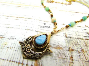 1175 Dolphin Spirit Animal Larimar Bronze Necklace