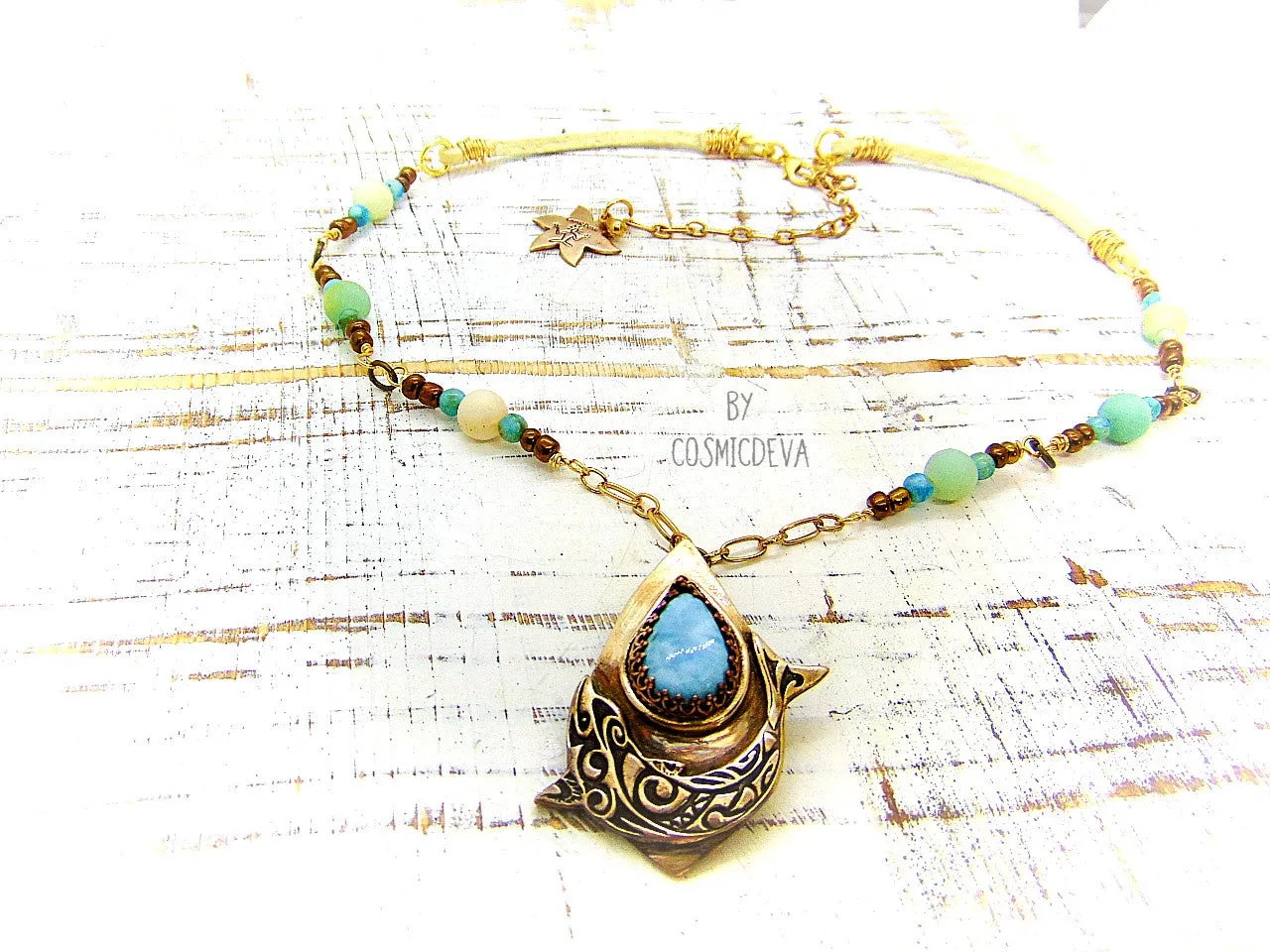 1175 Dolphin Spirit Animal Larimar Bronze Necklace