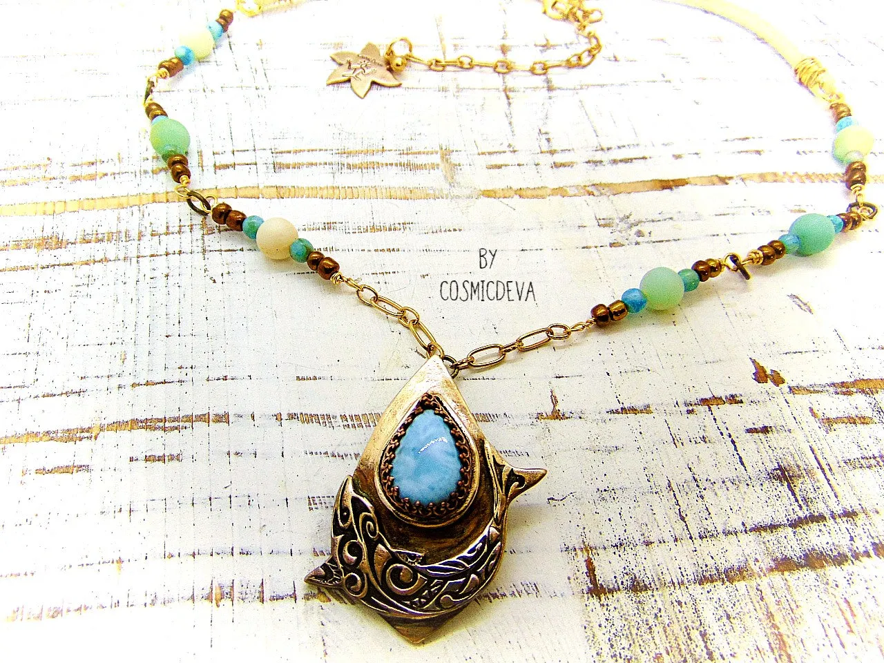 1175 Dolphin Spirit Animal Larimar Bronze Necklace