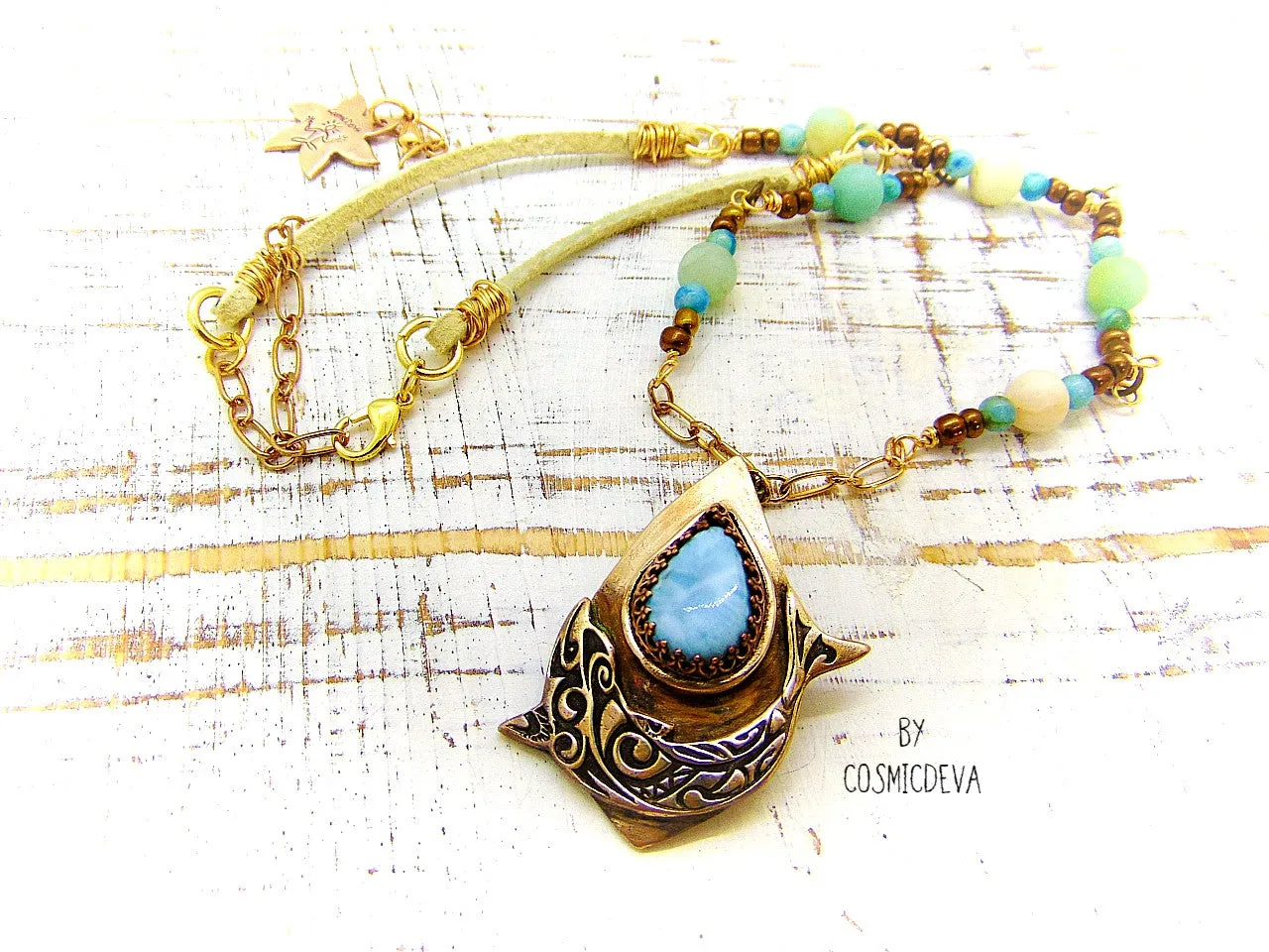 1175 Dolphin Spirit Animal Larimar Bronze Necklace