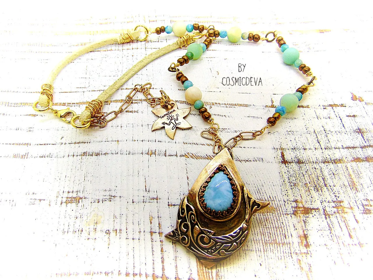 1175 Dolphin Spirit Animal Larimar Bronze Necklace