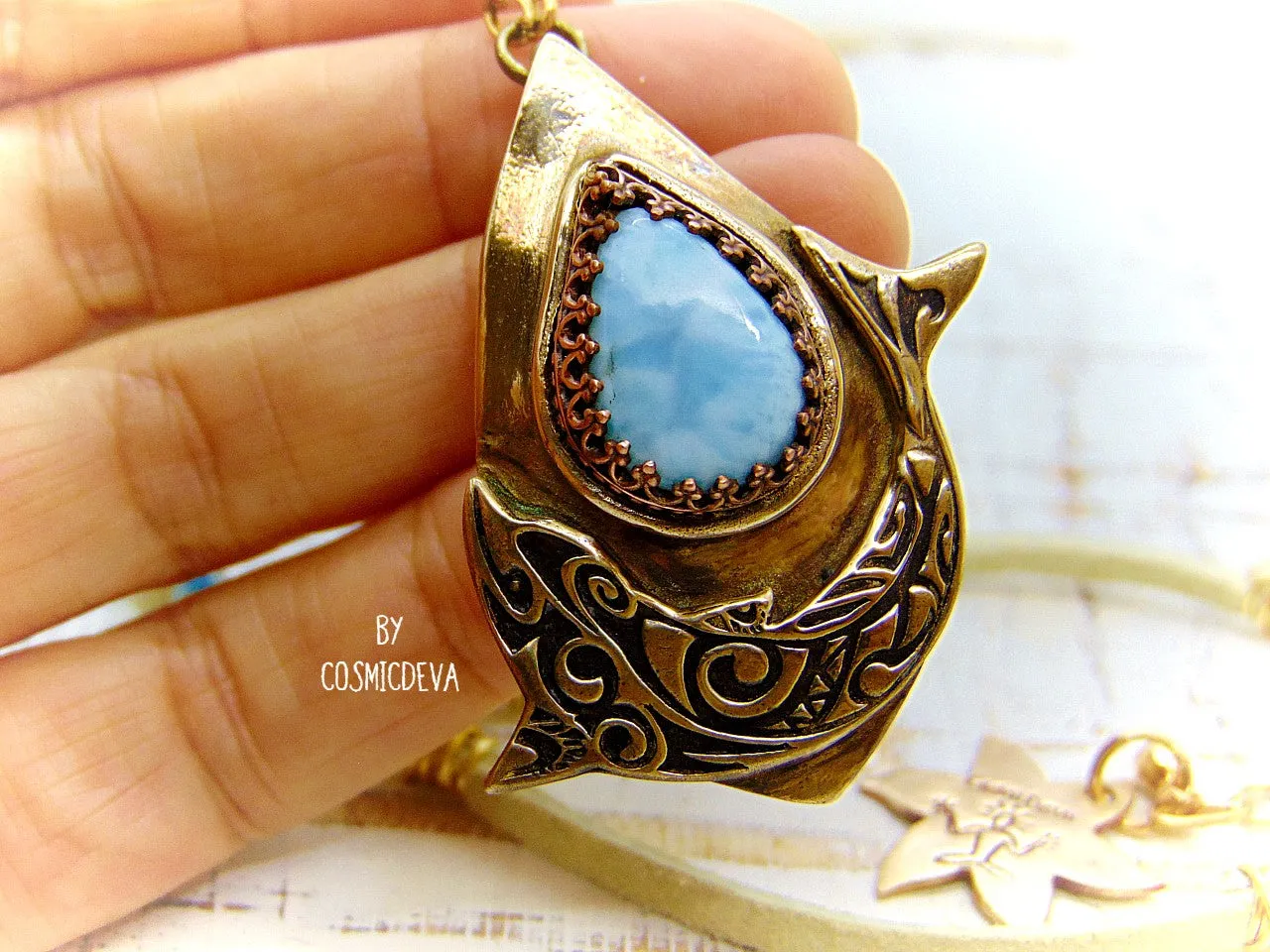 1175 Dolphin Spirit Animal Larimar Bronze Necklace