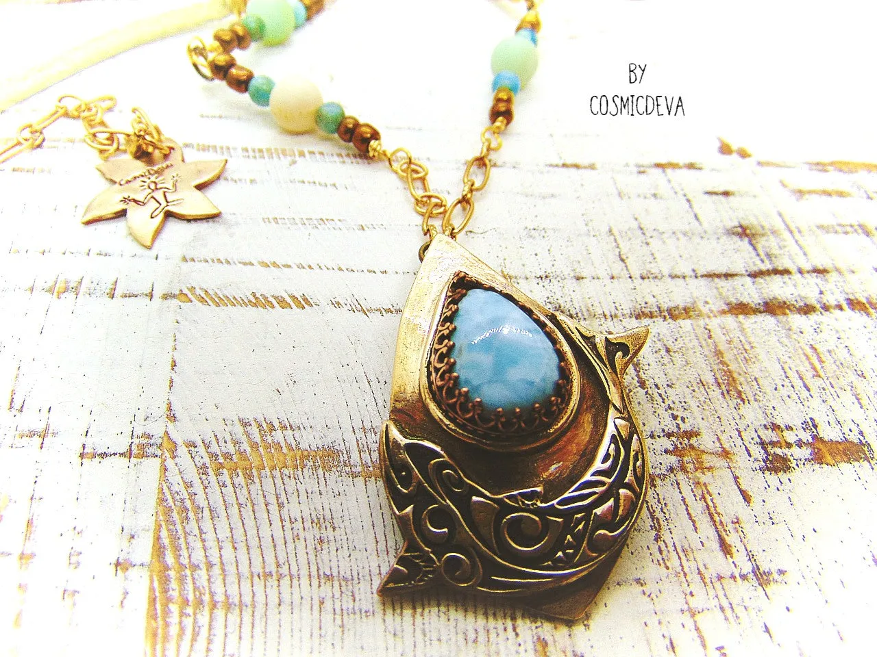 1175 Dolphin Spirit Animal Larimar Bronze Necklace