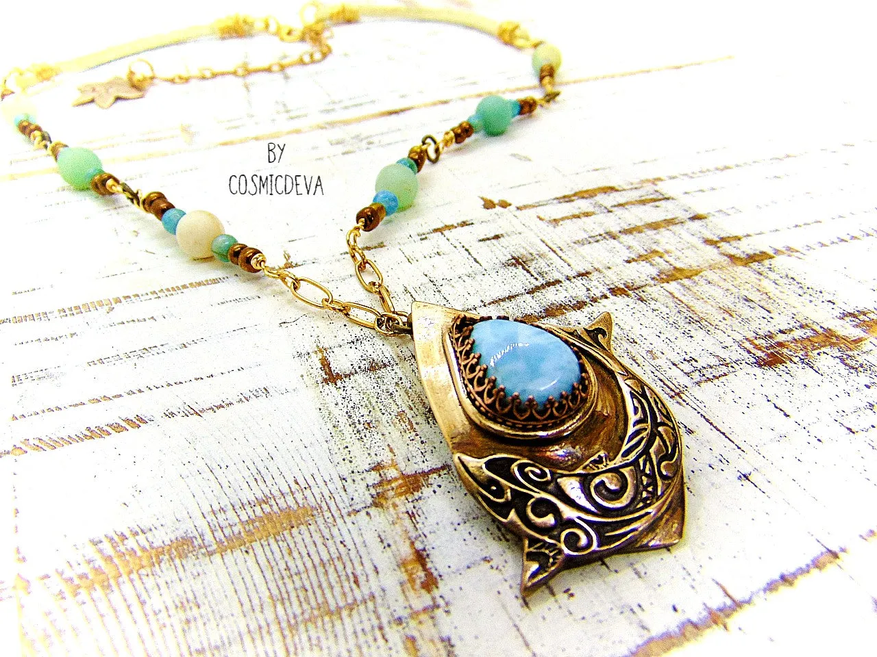 1175 Dolphin Spirit Animal Larimar Bronze Necklace