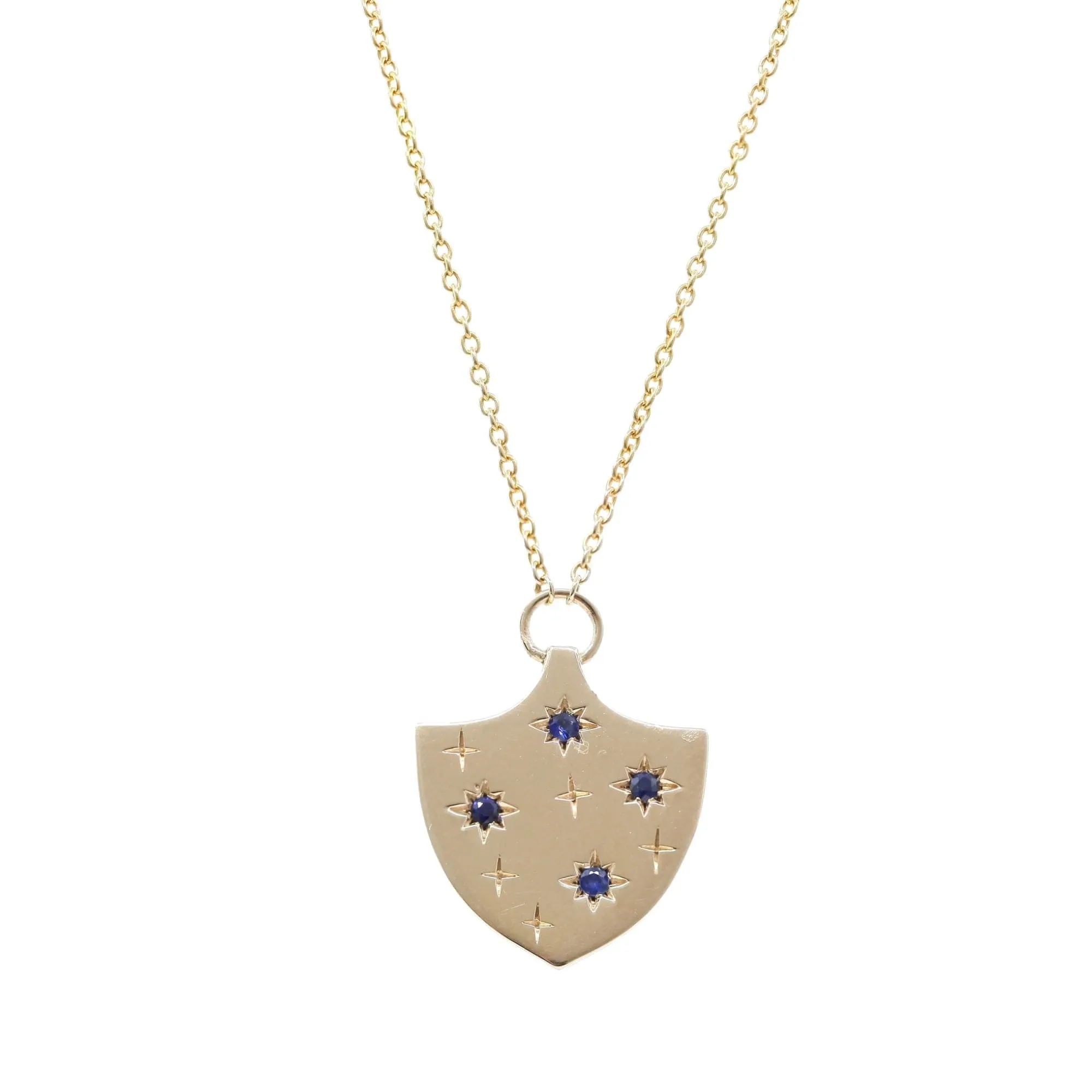 14K YELLOW GOLD PITT SAPPHIRE SHIELD NECKLACE