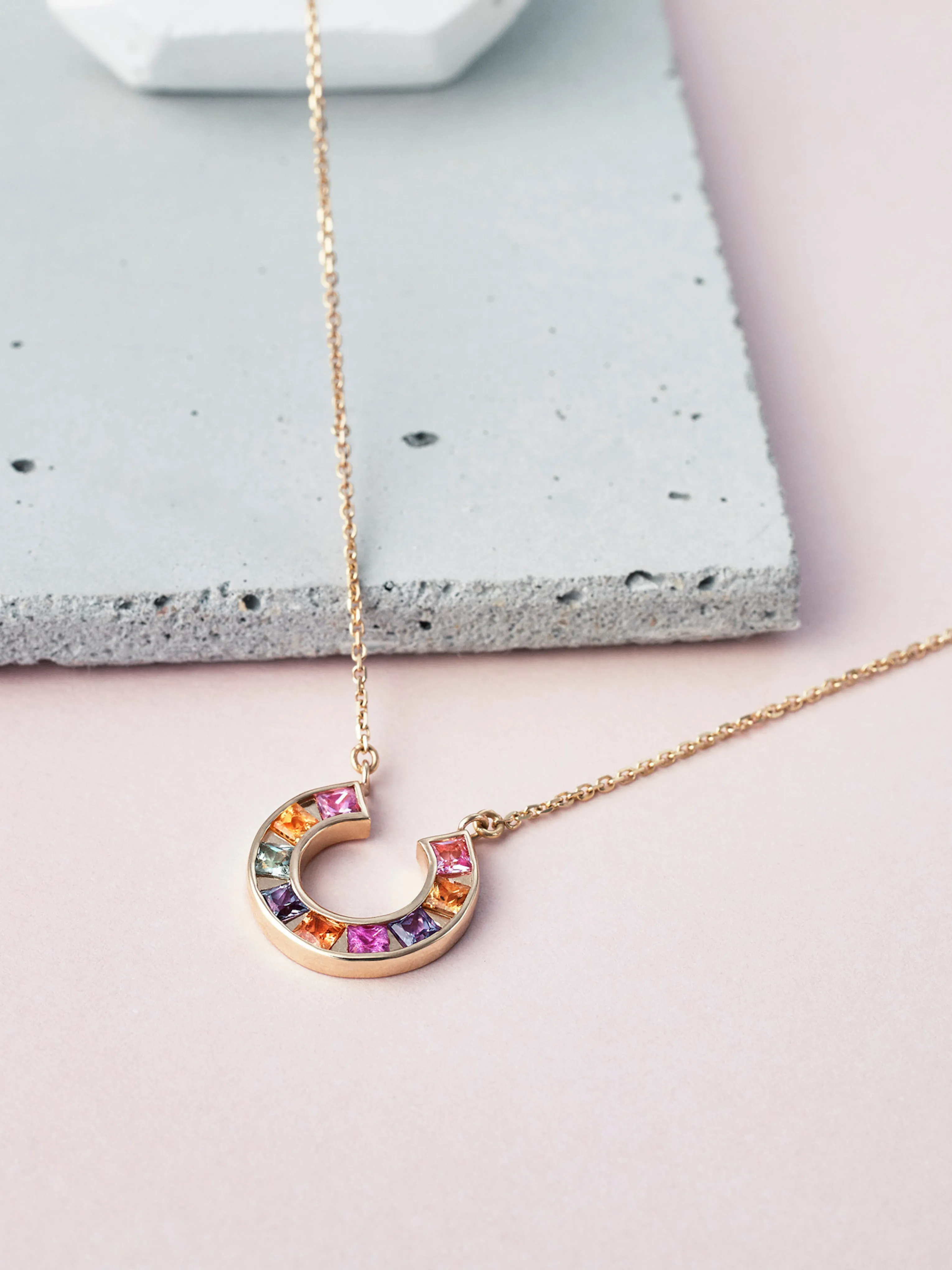 14K Yellow Gold Sundial Necklace with Multicolored Sapphires