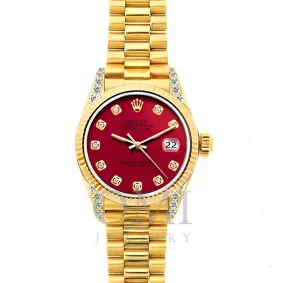 18k Yellow Gold Rolex Datejust Diamond Watch, 26mm, President Bracelet  Red Dial w/ Diamond Lugs