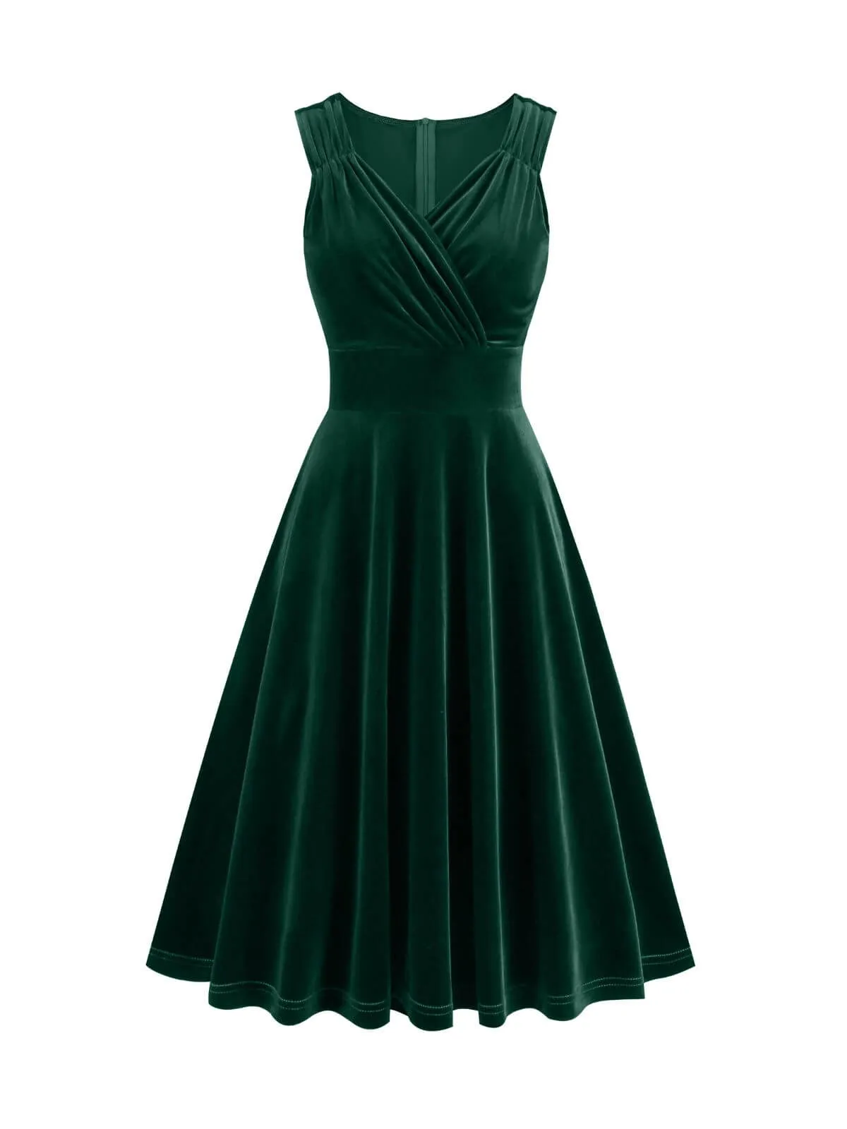 1950s Solid V-Neck Pleated Velvet Dress