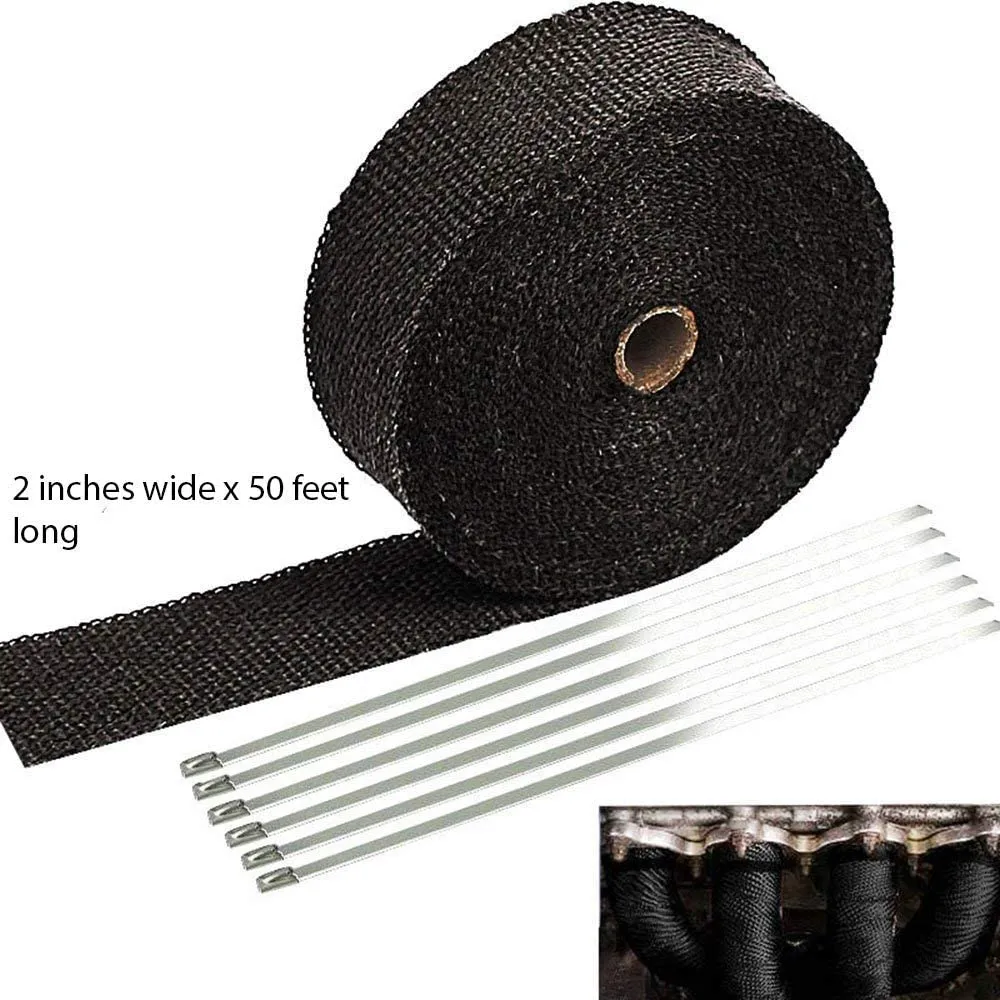 2 x 50' 5cm*5m/10m/15m Black/Titanium/White Exhaust Heat Wrap Roll for Motorcycle Fiberglass Shield Tape with Stainless Ties