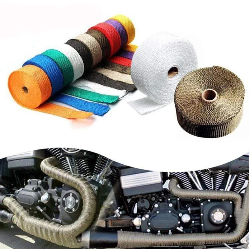 2 x 50' 5cm*5m/10m/15m Black/Titanium/White Exhaust Heat Wrap Roll for Motorcycle Fiberglass Shield Tape with Stainless Ties