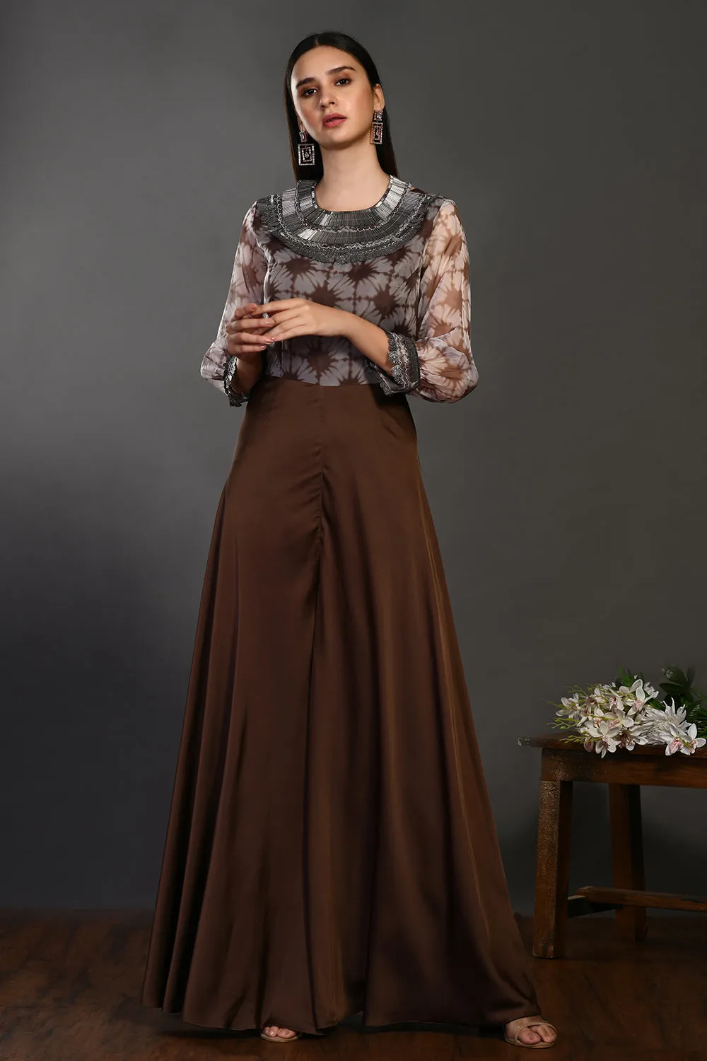 50Z394-RO Brown Designer Jumpsuit with Embroidered Bodice