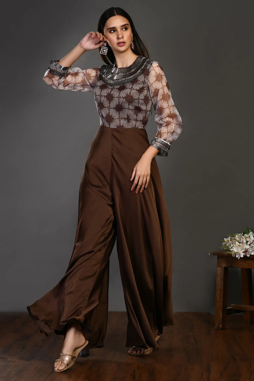 50Z394-RO Brown Designer Jumpsuit with Embroidered Bodice