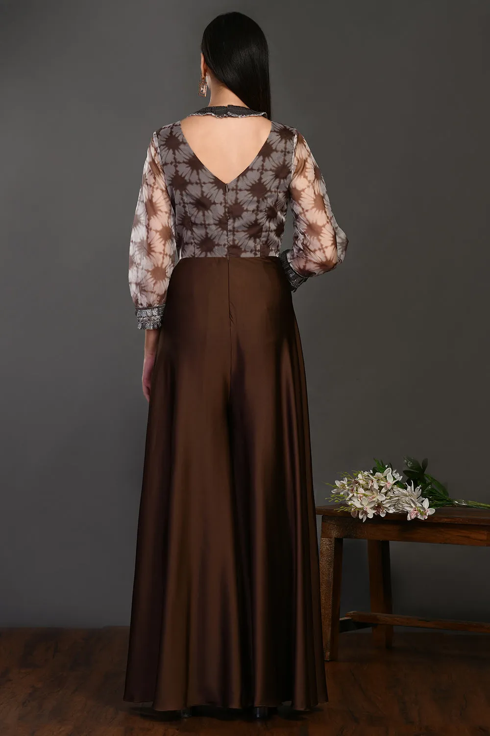 50Z394-RO Brown Designer Jumpsuit with Embroidered Bodice