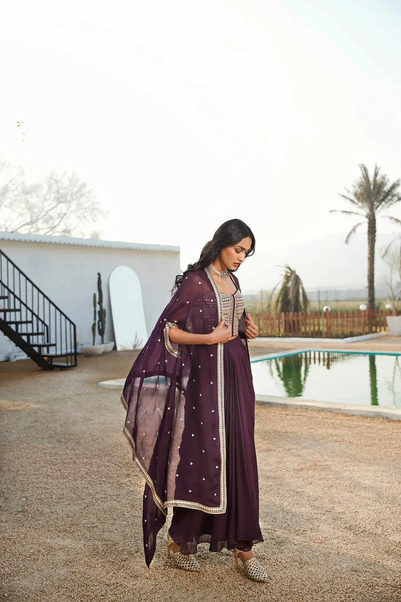 50Z899-RO Purple Embroidered Skirt Set With Cape