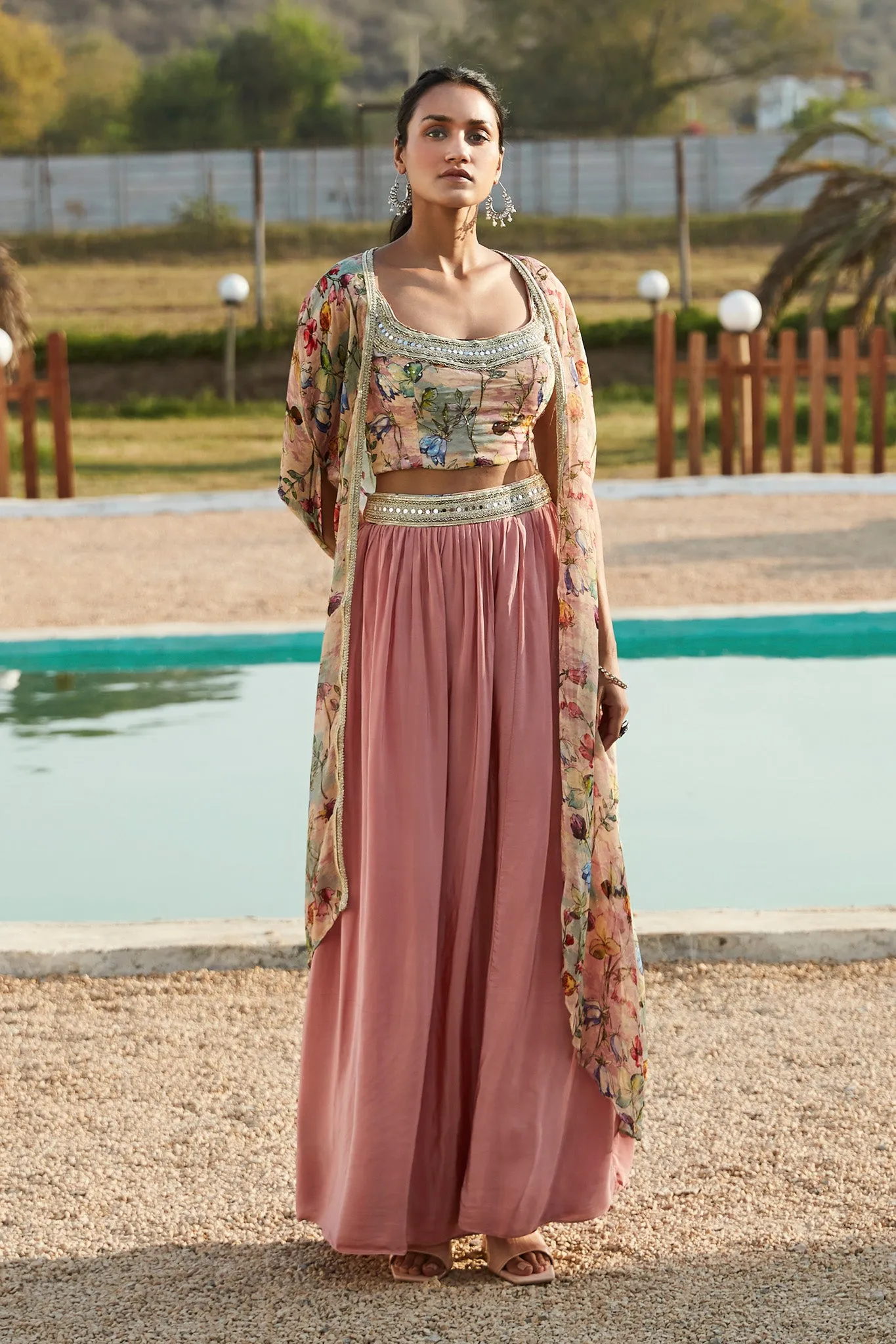 50Z901-RO Pink Floral Embroidered Skirt Set With Cape