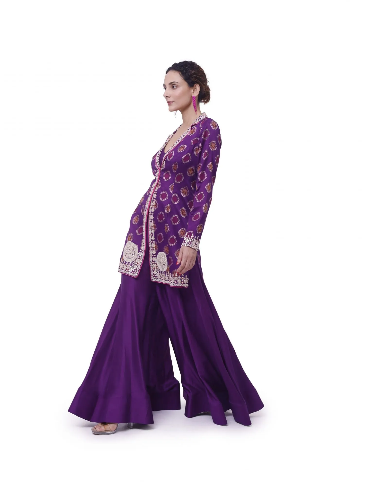 50Z923-RO Purple Tussar Silk Embroidered Sharara Set