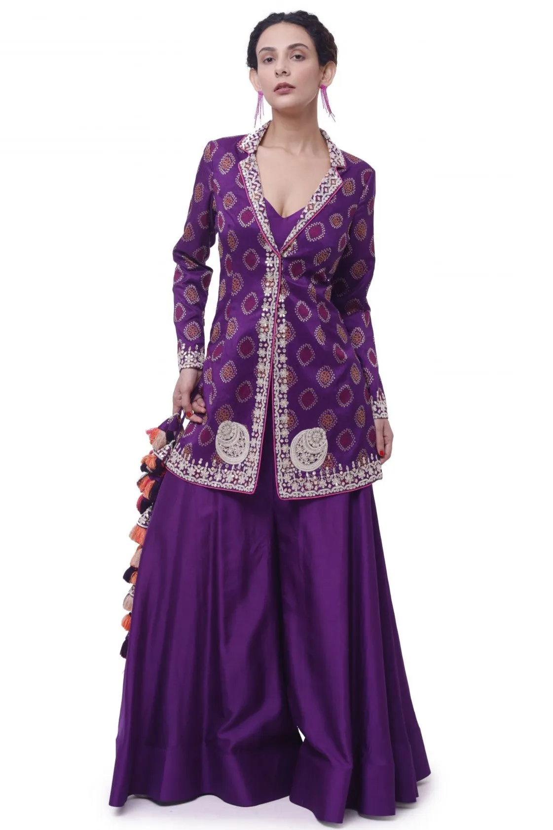 50Z923-RO Purple Tussar Silk Embroidered Sharara Set