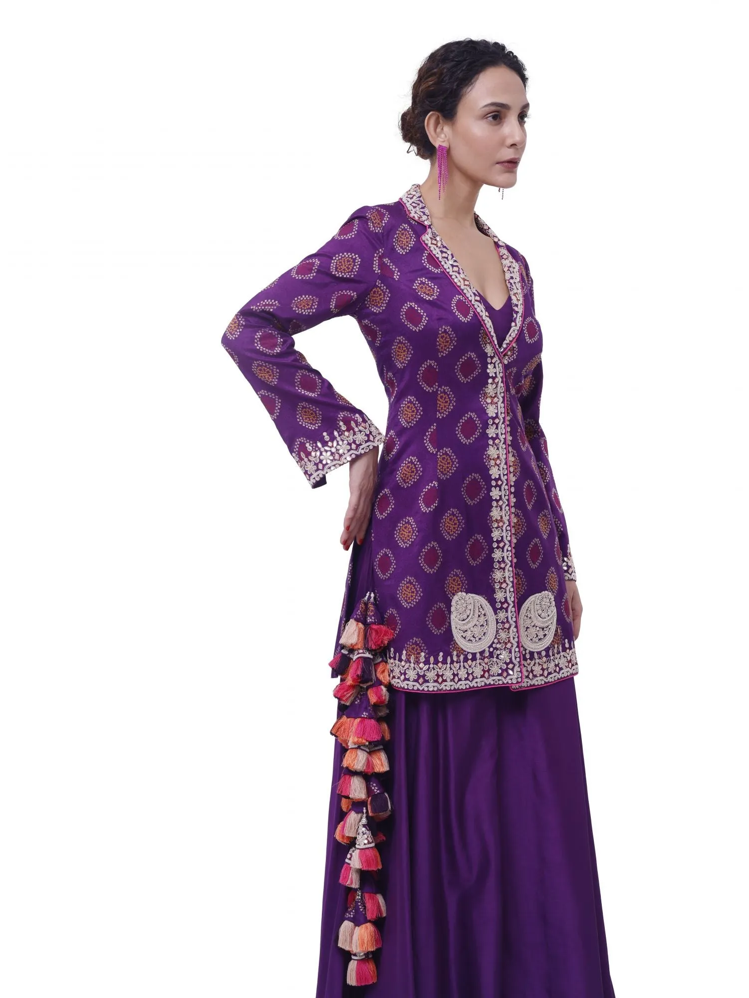 50Z923-RO Purple Tussar Silk Embroidered Sharara Set