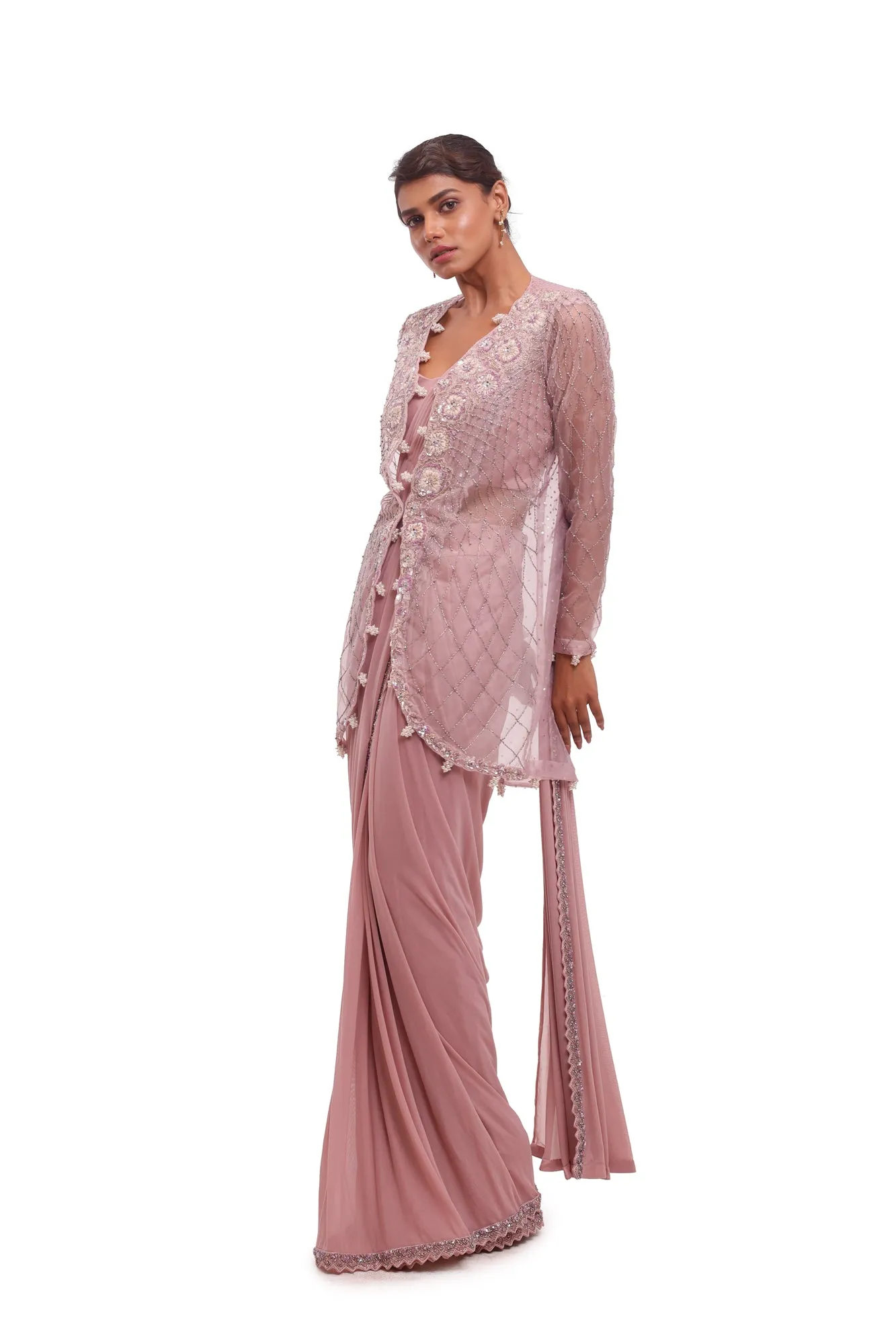 90Y001-RO Dusty Pink Lycra Embellished Saree with Net Jacket