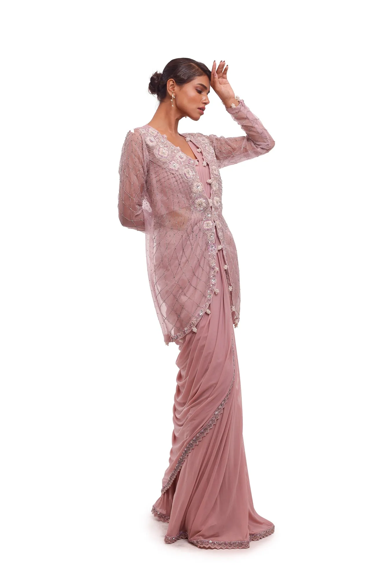 90Y001-RO Dusty Pink Lycra Embellished Saree with Net Jacket