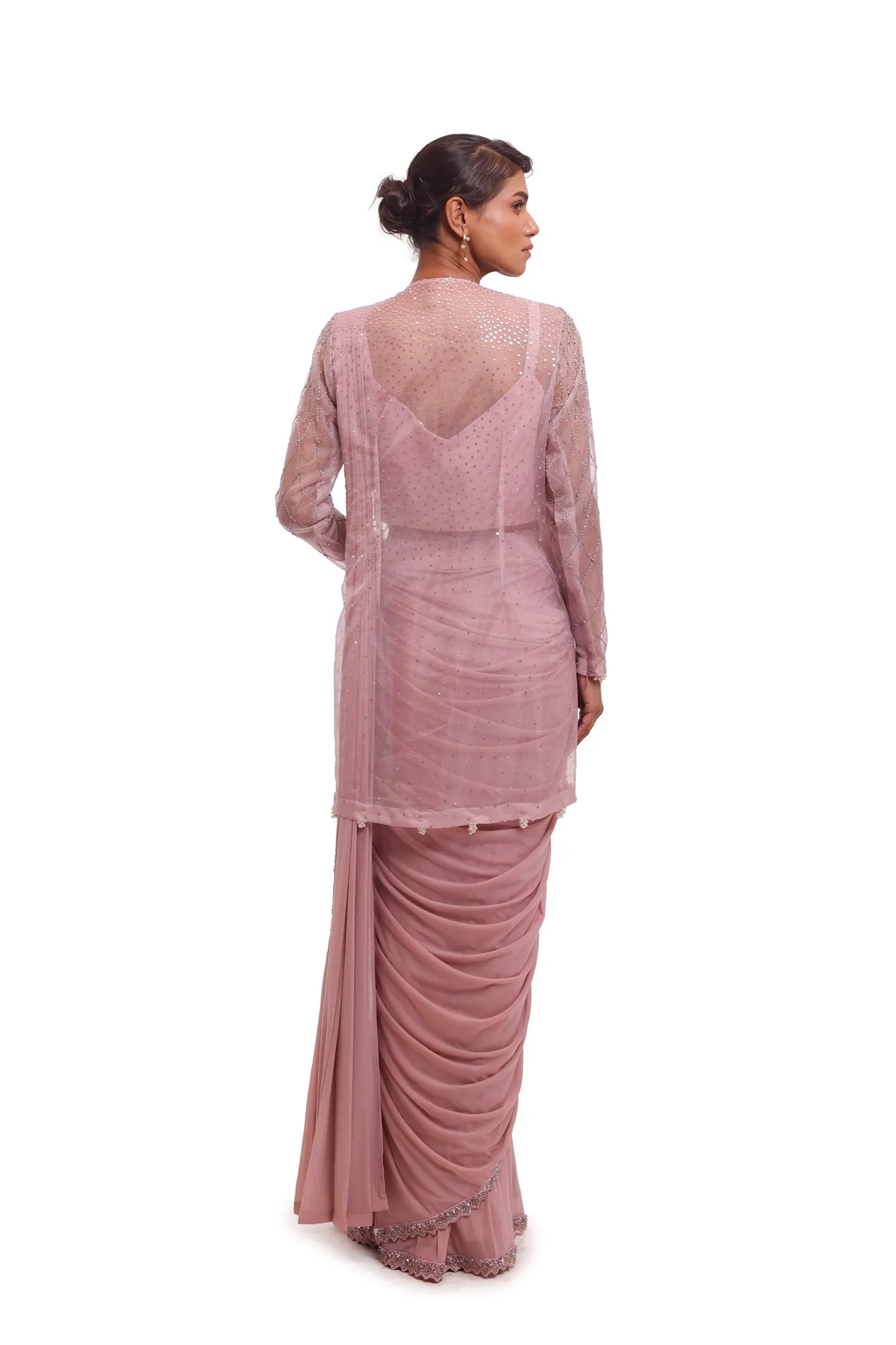 90Y001-RO Dusty Pink Lycra Embellished Saree with Net Jacket