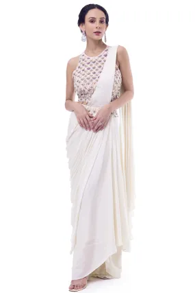 90Y013-RO Cream Muga Silk Draped Saree with Blouse