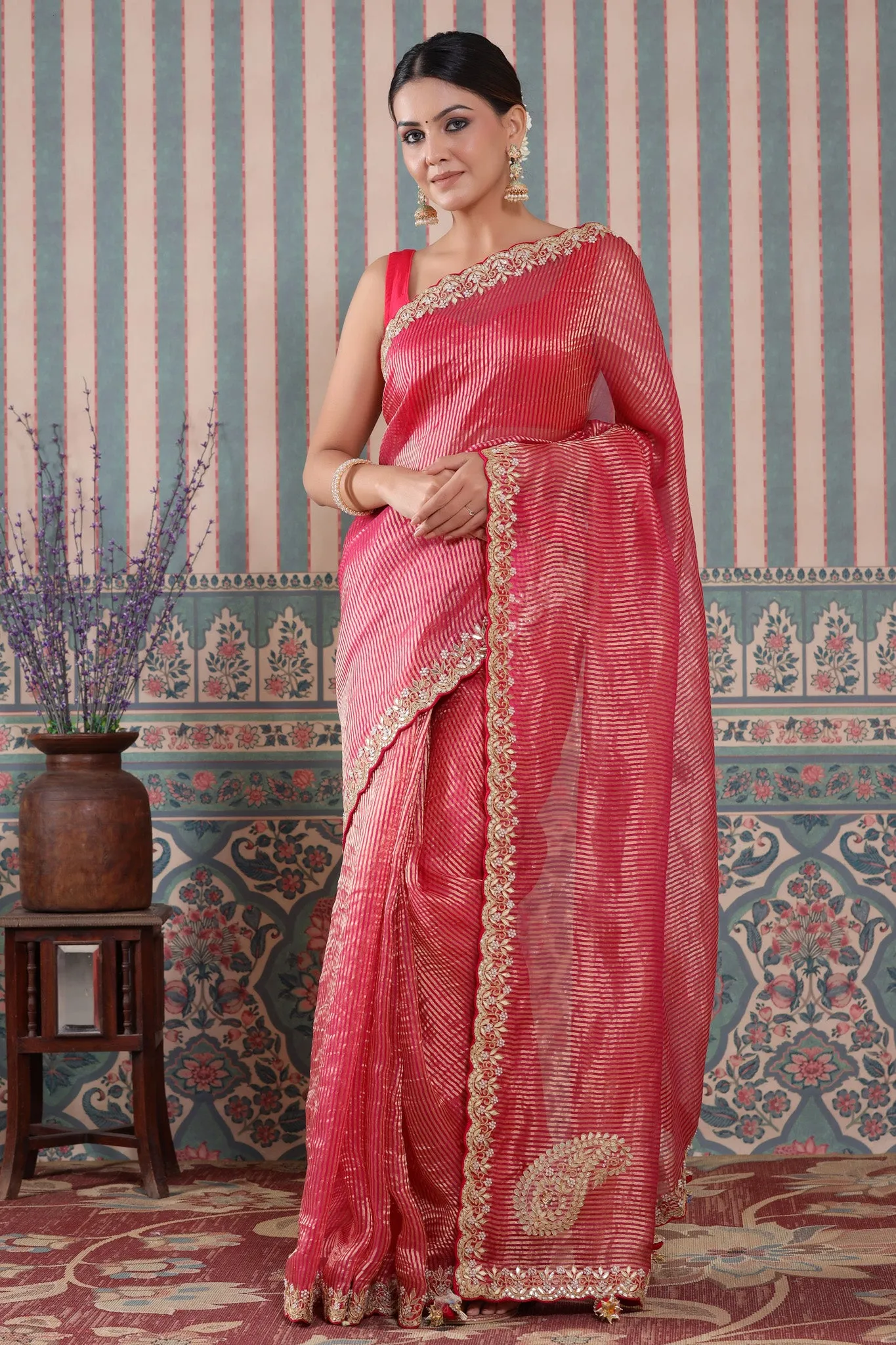 90Z580-NRO Pink Embroidered Tissue Silk Banarasi Saree