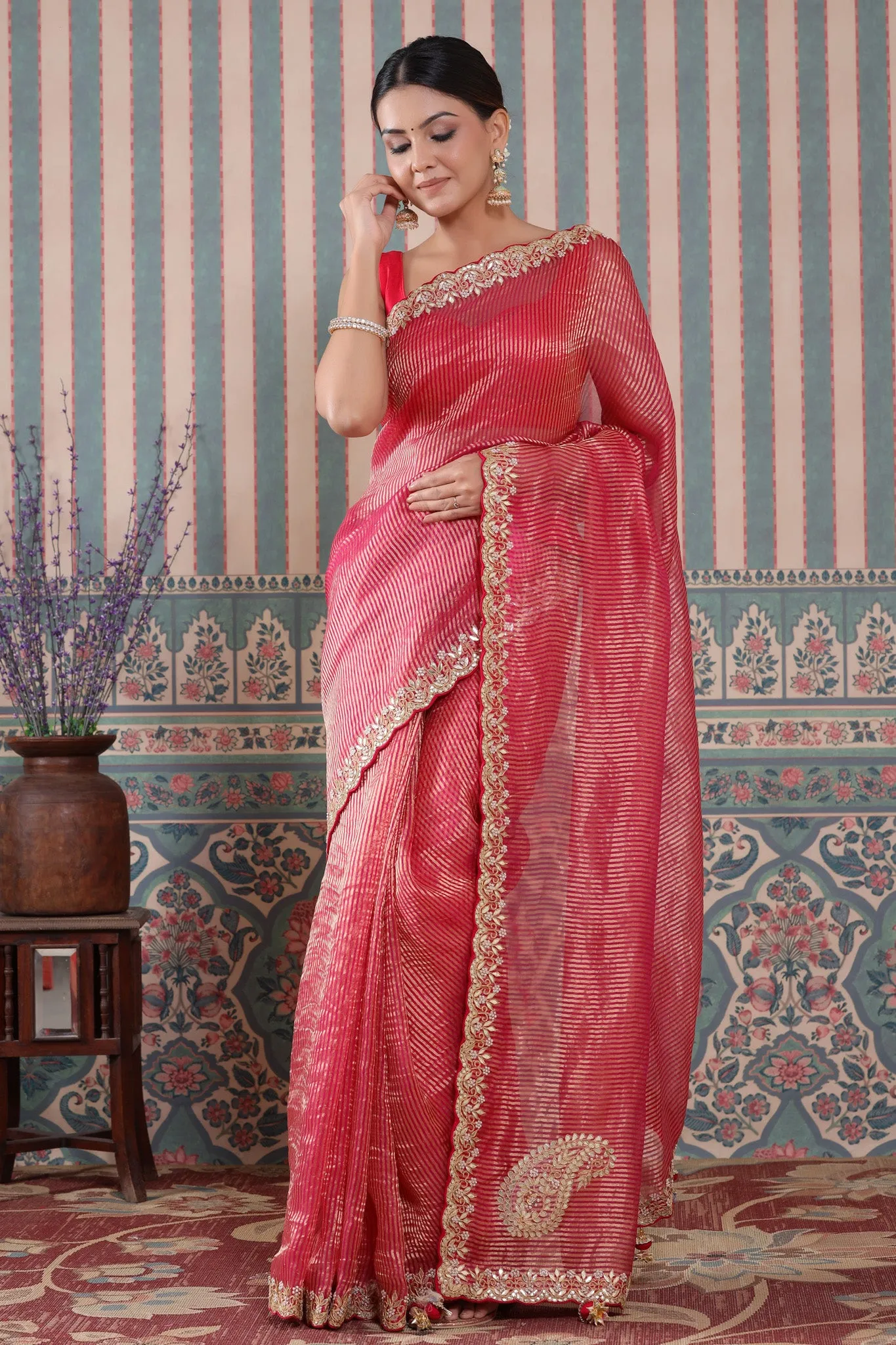 90Z580-NRO Pink Embroidered Tissue Silk Banarasi Saree