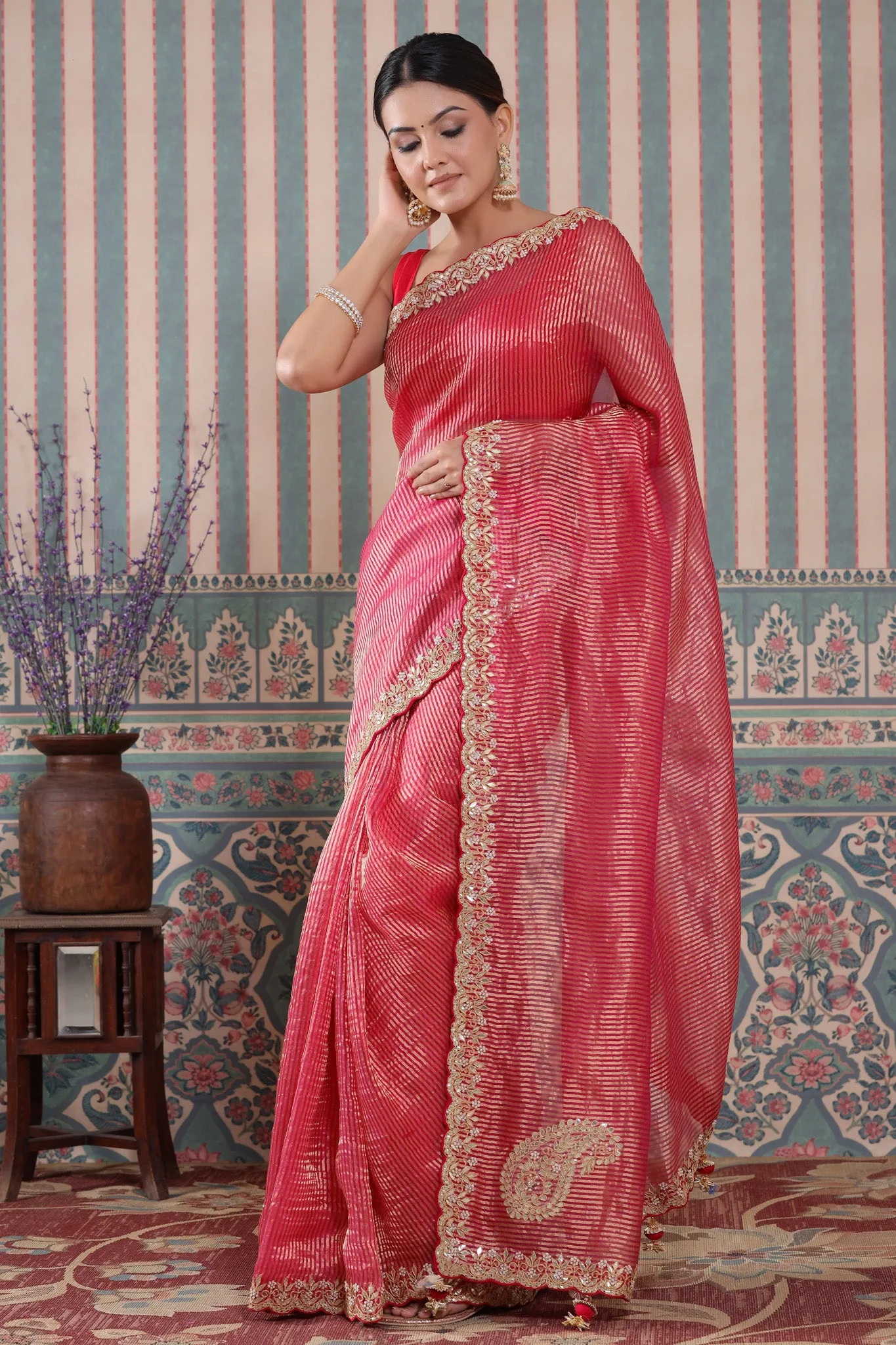 90Z580-NRO Pink Embroidered Tissue Silk Banarasi Saree