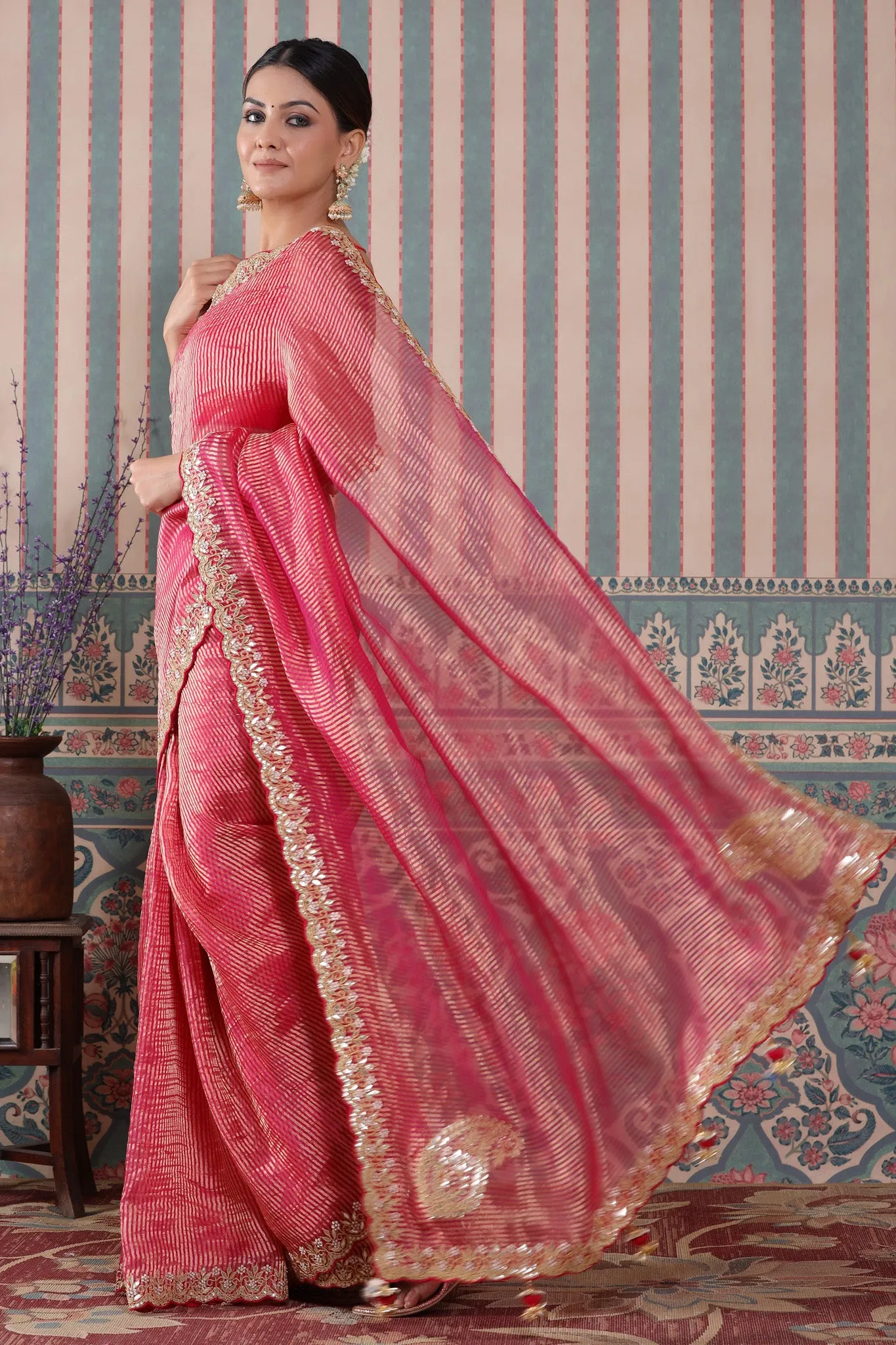 90Z580-NRO Pink Embroidered Tissue Silk Banarasi Saree