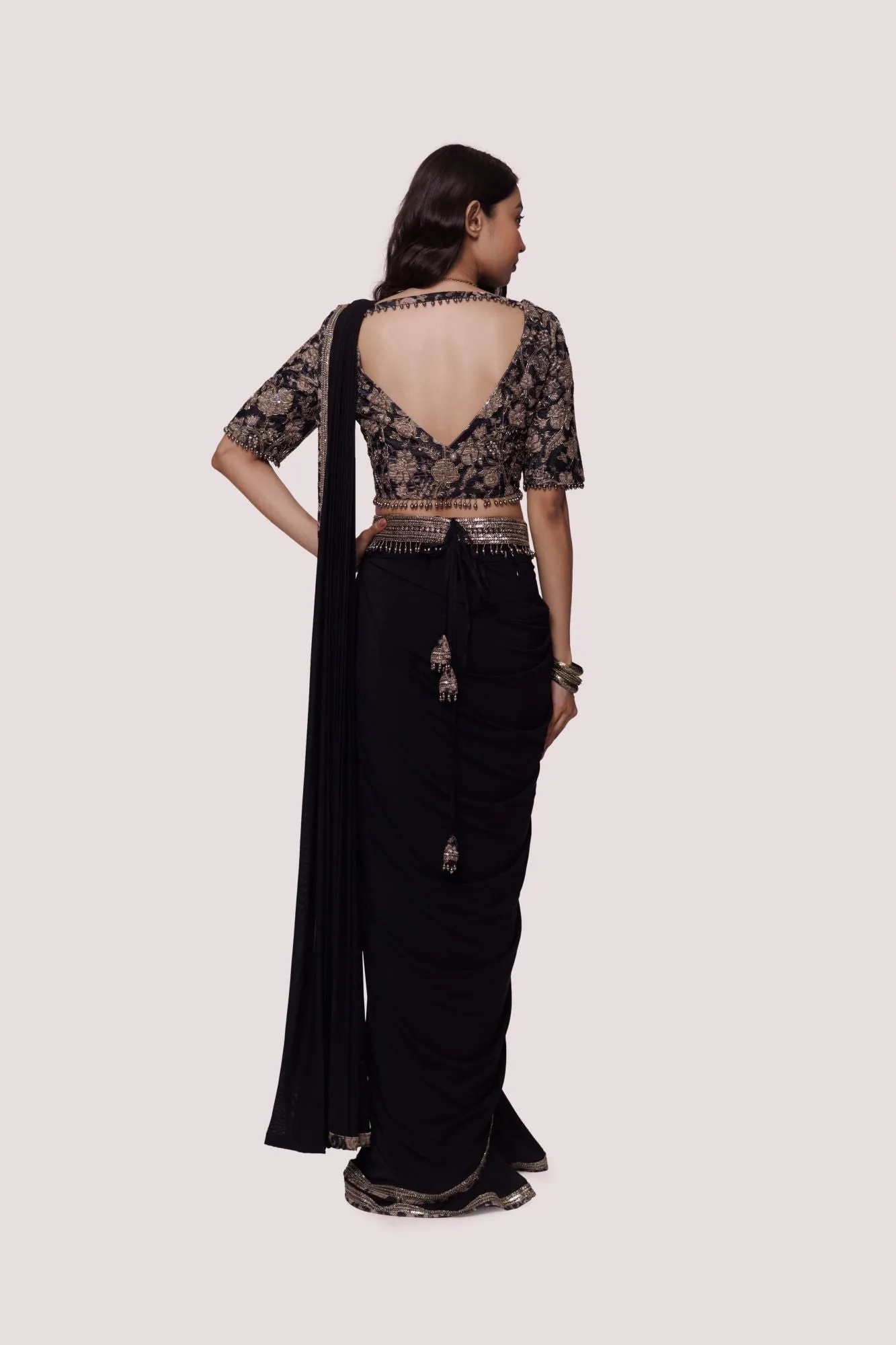 90Z968-RO Black Net Saree With Velvet Blouse