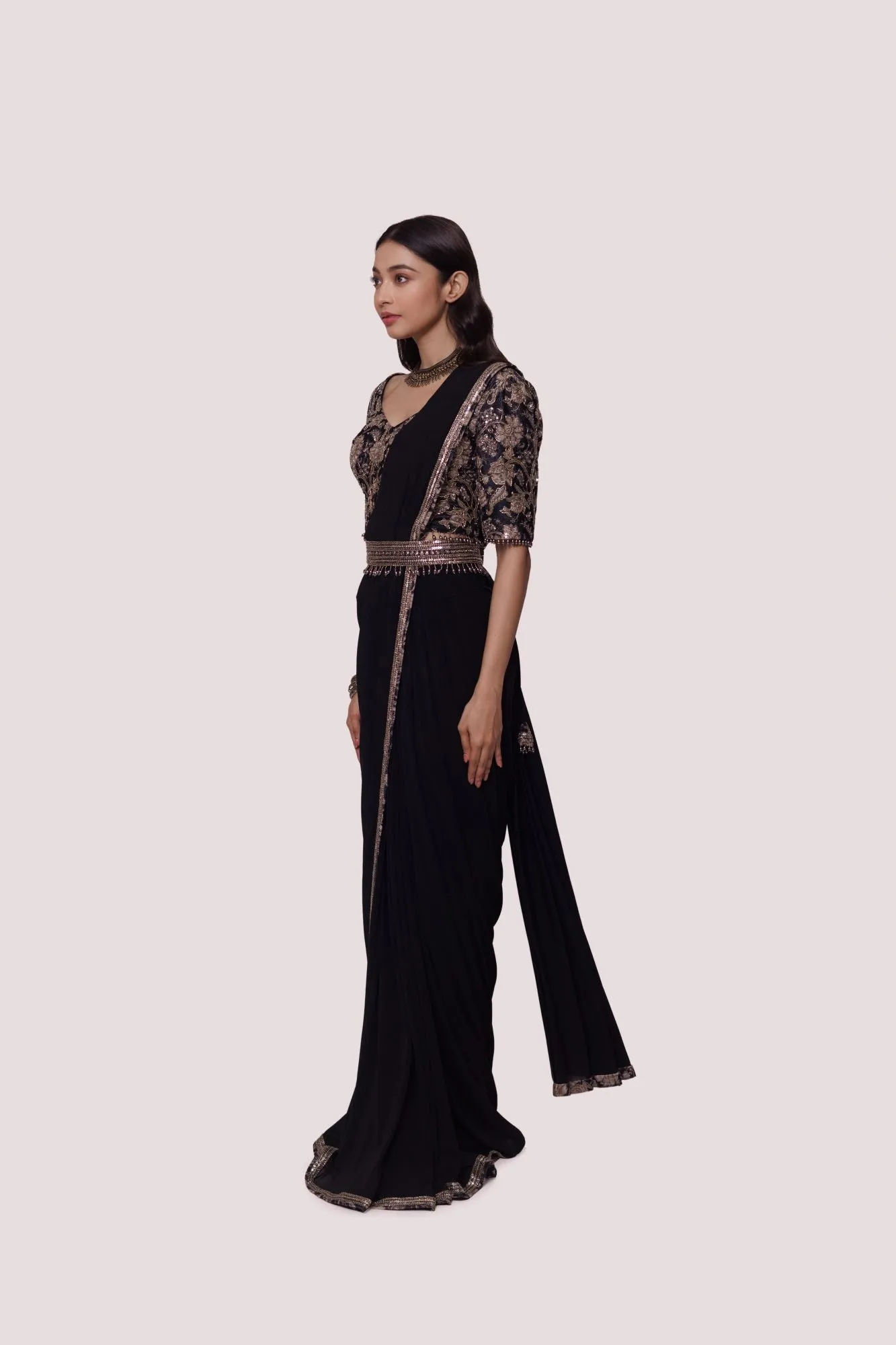 90Z968-RO Black Net Saree With Velvet Blouse