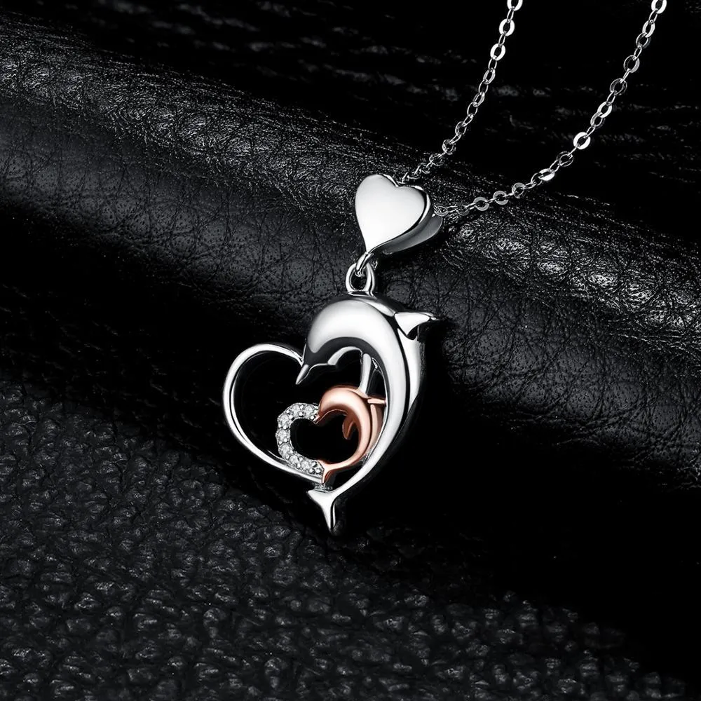 925 Sterling Silver Dolphin Mom & Baby Heart Pendant with Rose Gold and Zirconia Crystals