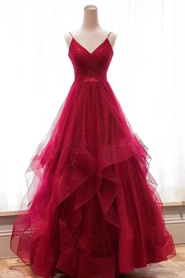 A line Red Ruffles Spaghetti Straps V Neck Prom Dresses Backless Long Evening Dresses