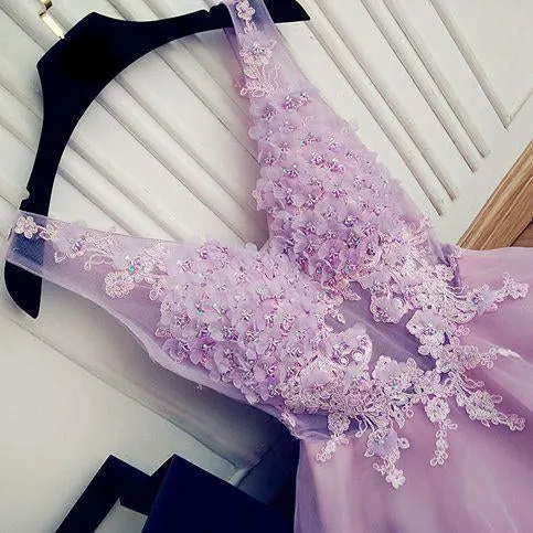 A Line V Neck Lace Appliques Lilac Short Beading Tulle Sleeveless Homecoming Dresses