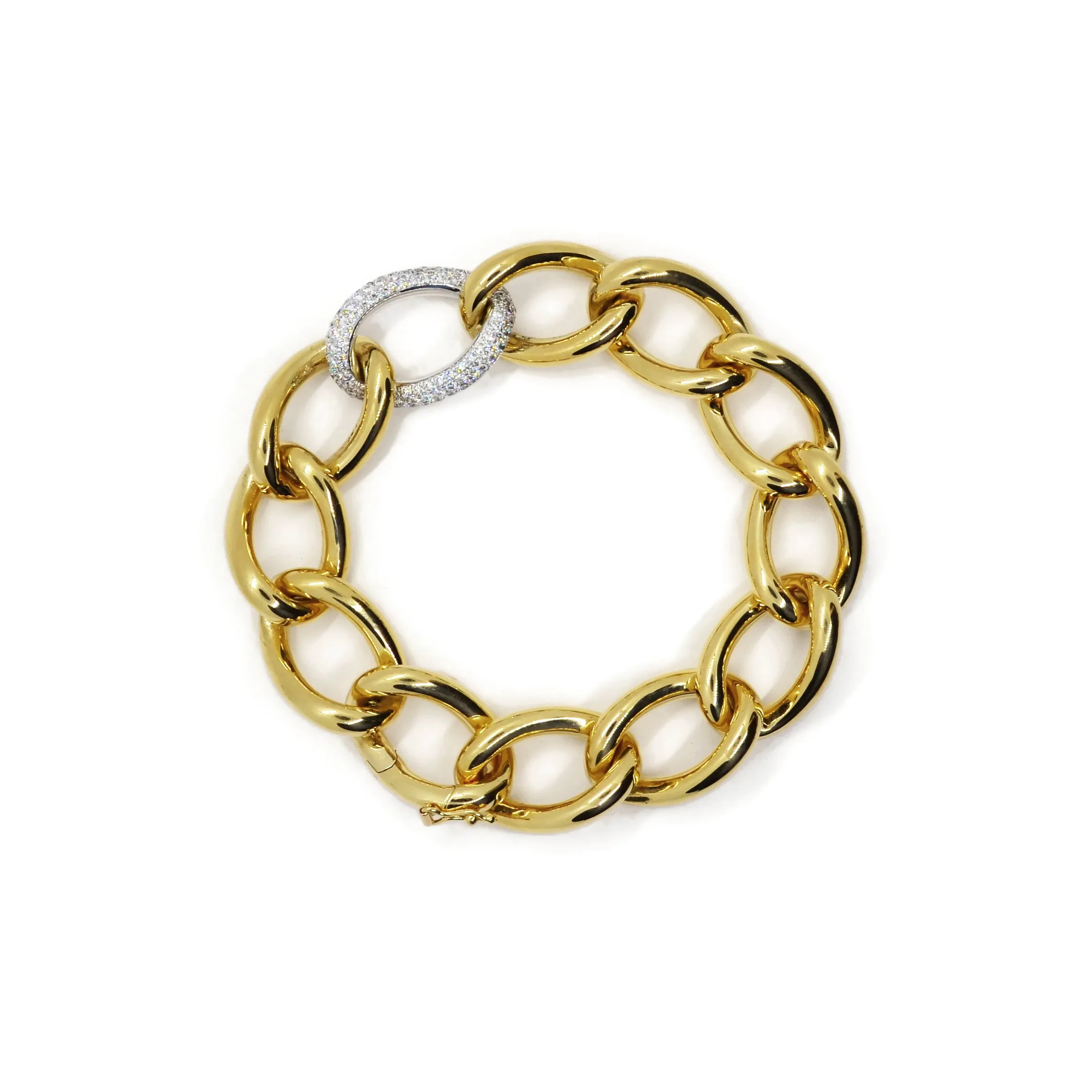 AFJ Gold Collection - Classic Open Gourmette Link Bracelet with one Diamonds Element, 18k Yellow and White Gold