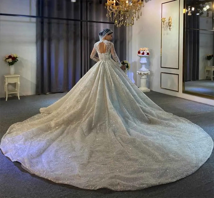 All Pearl Beaded Luxury Couture Ball Gown Wedding Dress Long sleeves lace wedding dress with royal long train