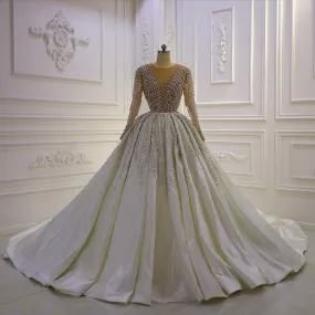 AM1017 Full Sleeve Handmade Pearls See Through Sheer lace satin ballgown Wedding Dress