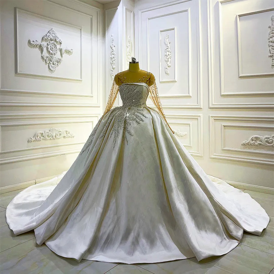 AM1044 Full Sleeve Lace Pearl beaded Satin Ball Gown Luxury Wedding Dress