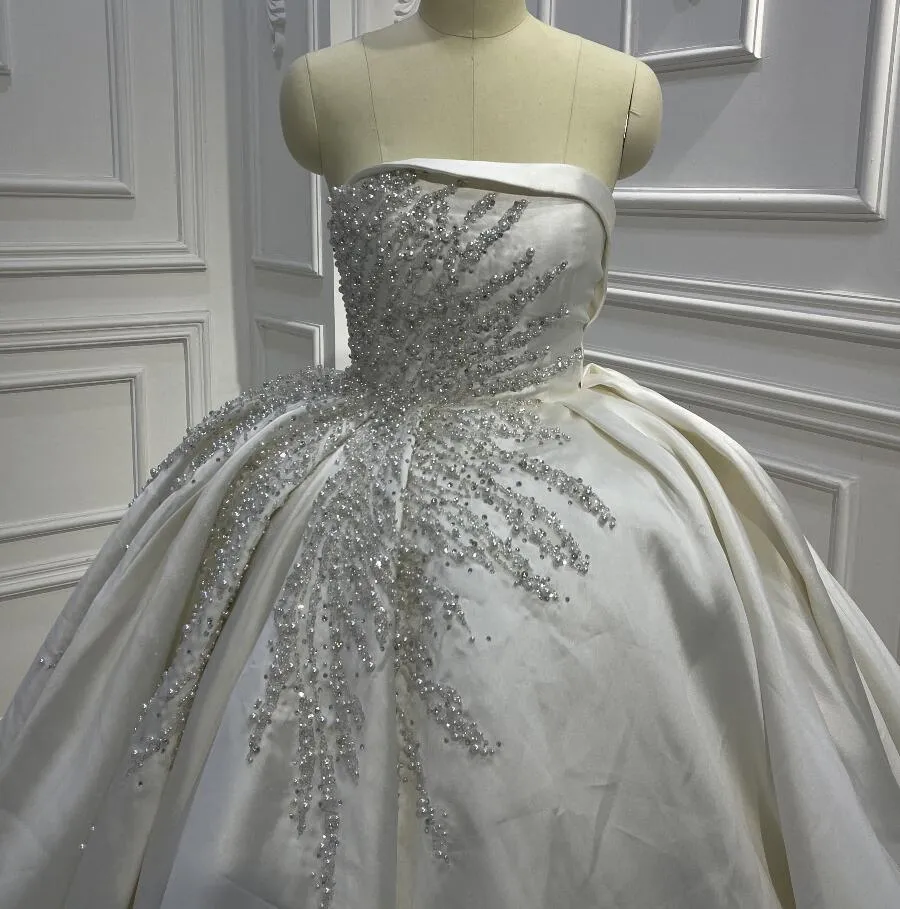 AM1044 Full Sleeve Lace Pearl beaded Satin Ball Gown Luxury Wedding Dress