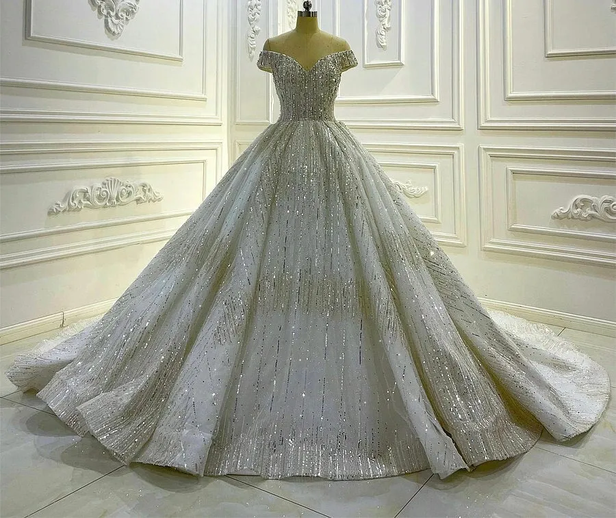 AM1068 Off Shoulder Sparkle Glitter Luxury Wedding Dress