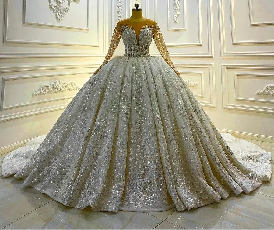 AM1075 illusion Ball Gown Glitter Sparkle Low V neck Luxury Affordable Wedding Dress Lace Applique