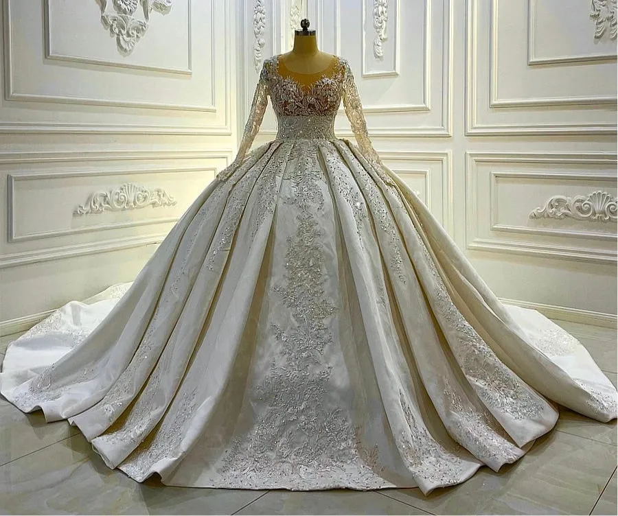 AM1076 robe de soiree femme O-neck Long Sleeve Lace Appliques Ball Gown Beads Wedding Dress