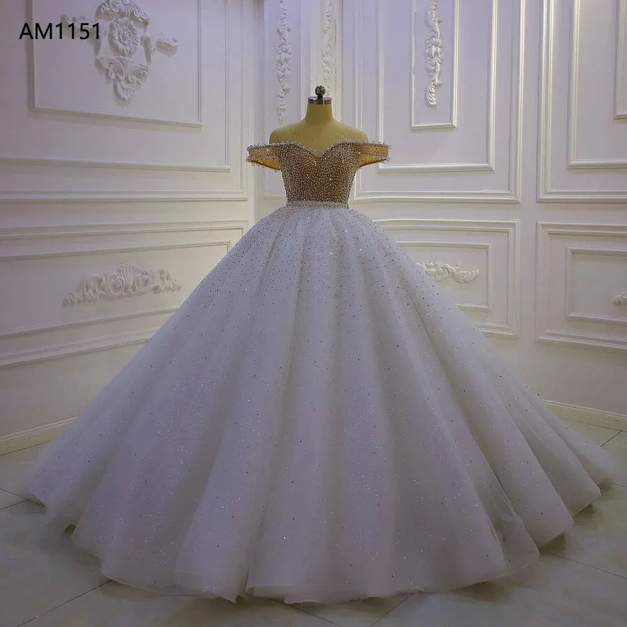 AM1151 Off Shoulder Glitter crystal beaded Ball Gown  hand made Luxury Wedding Dress