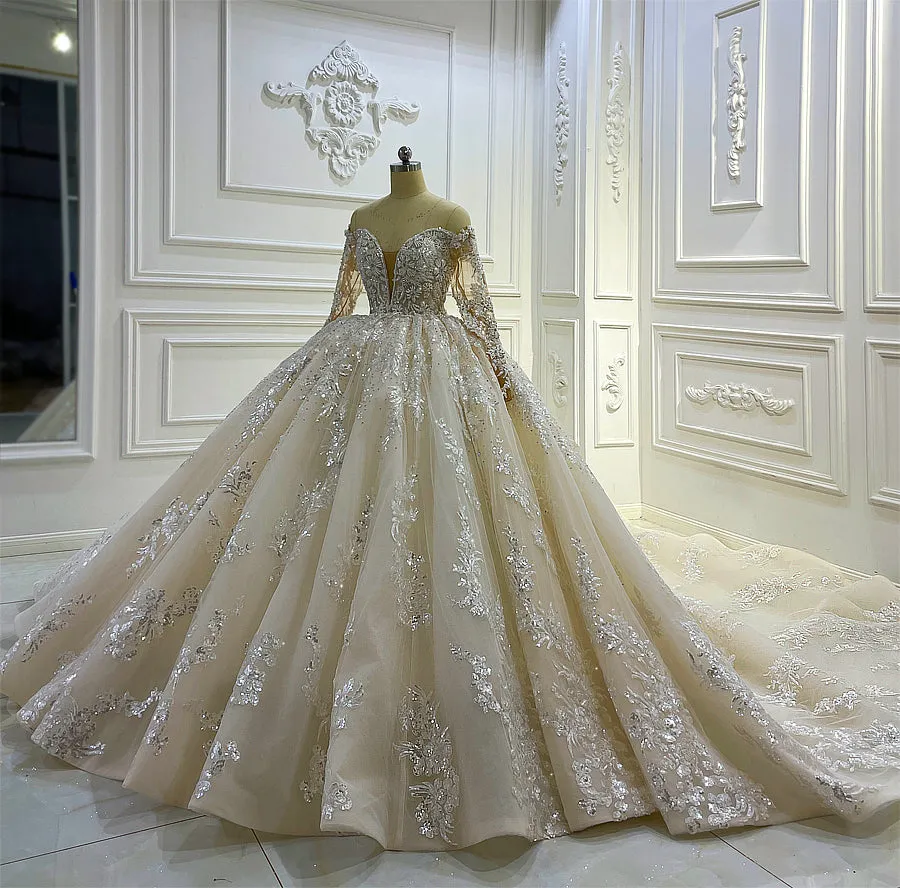 AM1152 Off Shoulder Long Sleeve Lace Luxury Ball Gown shiny Wedding Dress