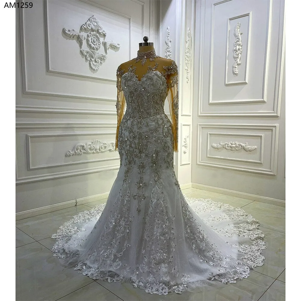 AM1259 High Neck Lace Appliques Full Sleeves luxury Wedding Dress