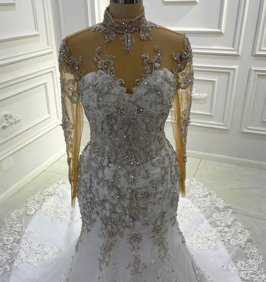 AM1259 High Neck Lace Appliques Full Sleeves luxury Wedding Dress