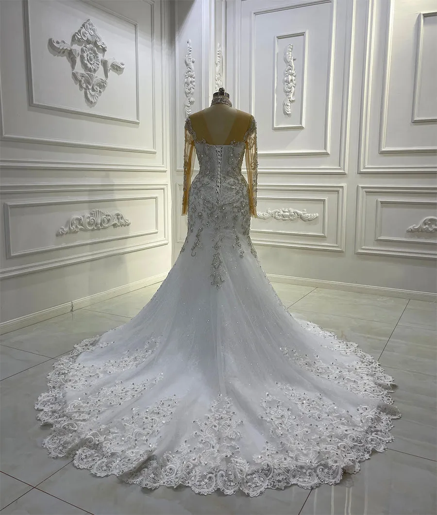 AM1259 High Neck Lace Appliques Full Sleeves luxury Wedding Dress