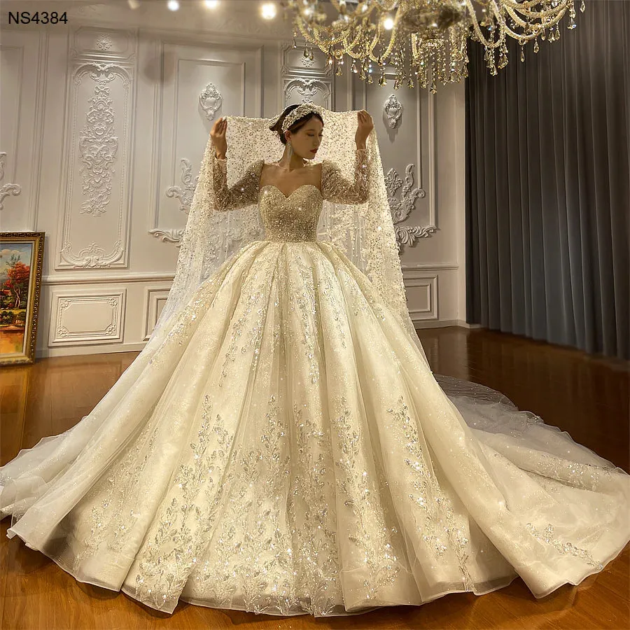 AM1294 Long Sleeve Sequin Lace Sweetheart Ball Gown Wedding Dress